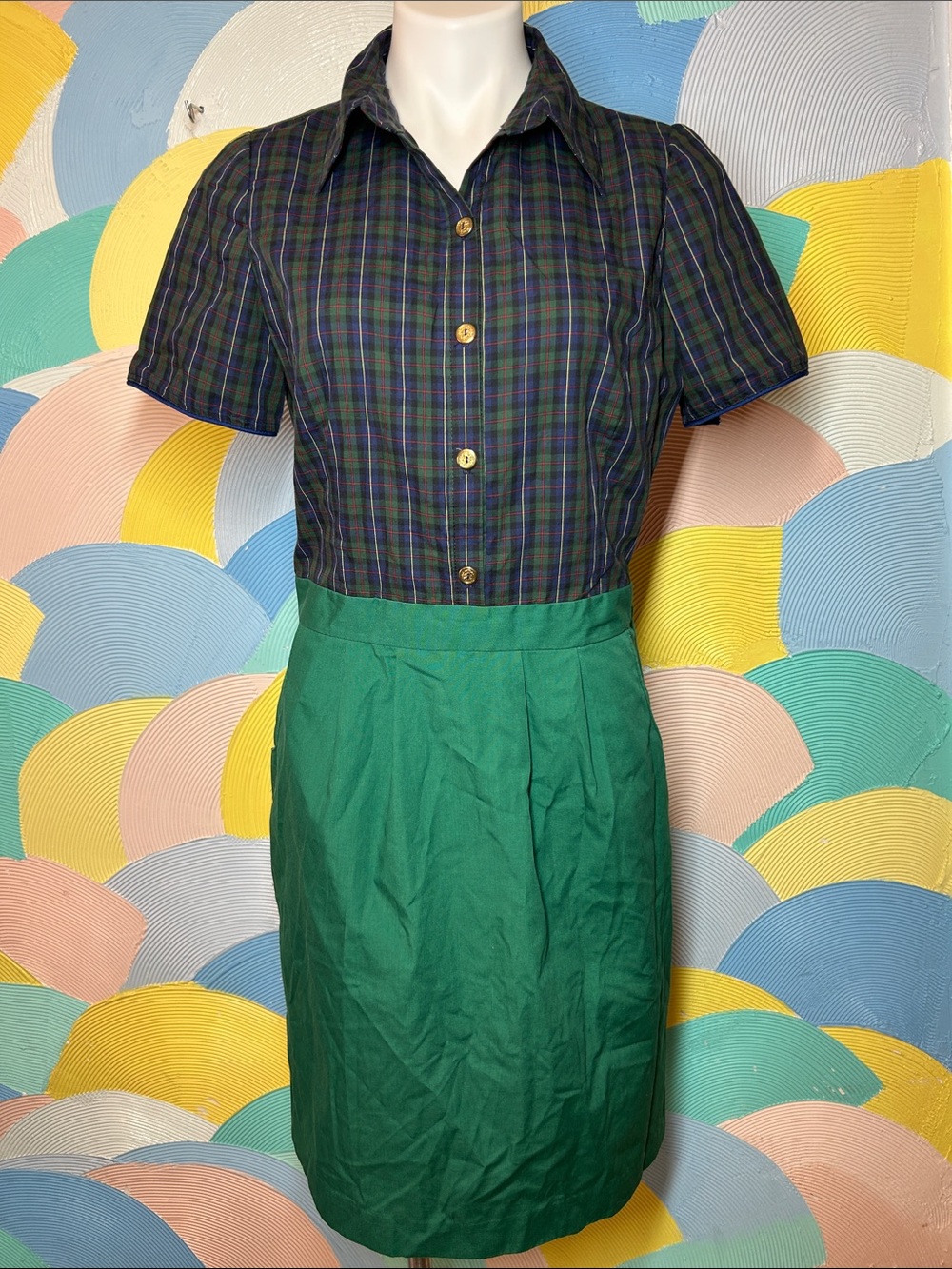 Vintage handmade Button-Front Plaid Top with Green Pencil Skirt sz L